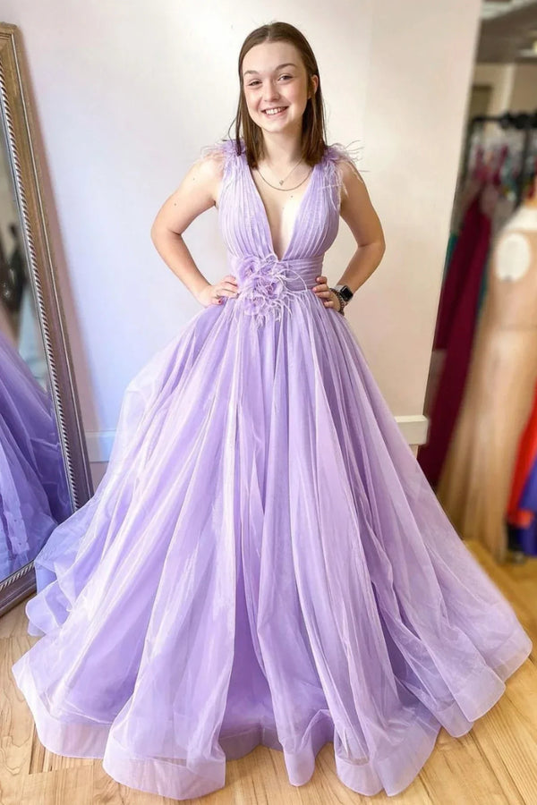 SSR0953,Light purple v neck tulle long prom dress lilac evening dress