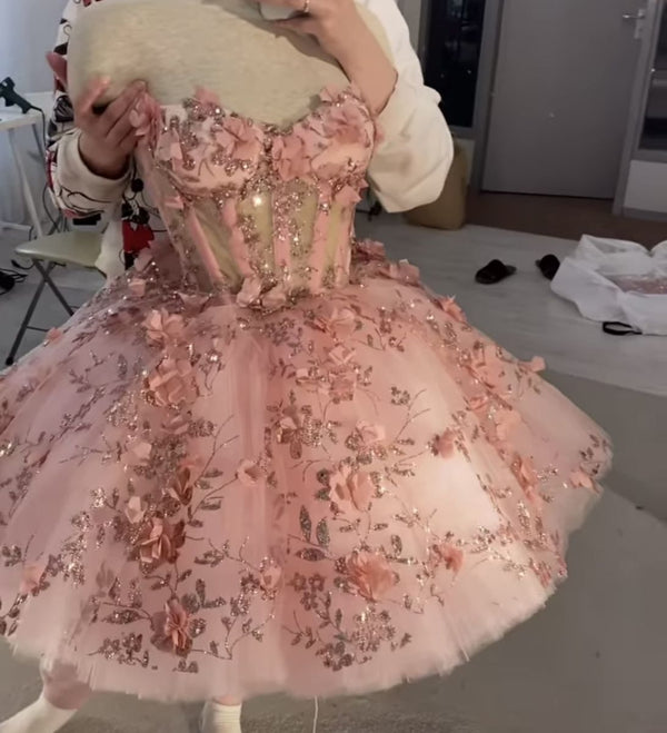 SSR1173,Princess Pink Floral Beaded Tulle Short Birthday Dresses,Girl Graduation Dress