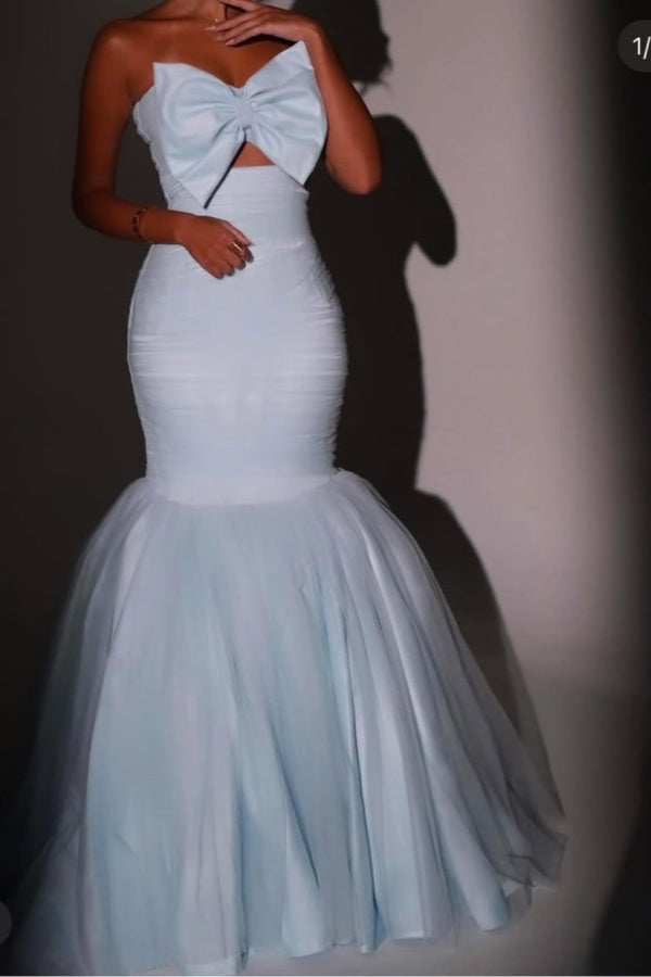Lovely Baby Blue Bow-knot Mermaid Prom Dress ssr0515