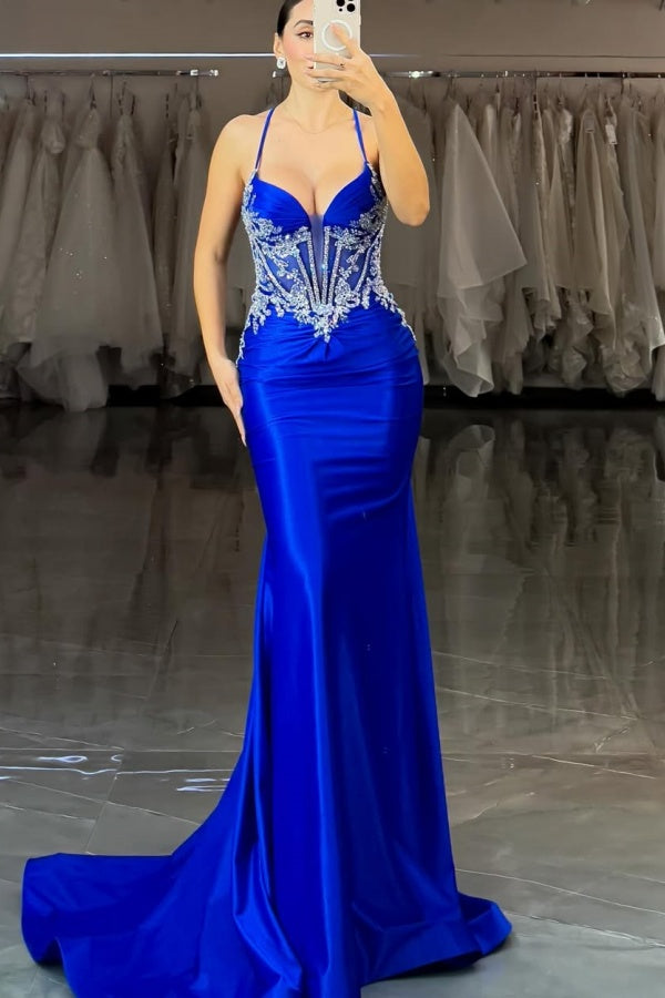 Royal Blue Spaghetti-Straps Mermaid Appliques Stunning Prom Dress ssr0587