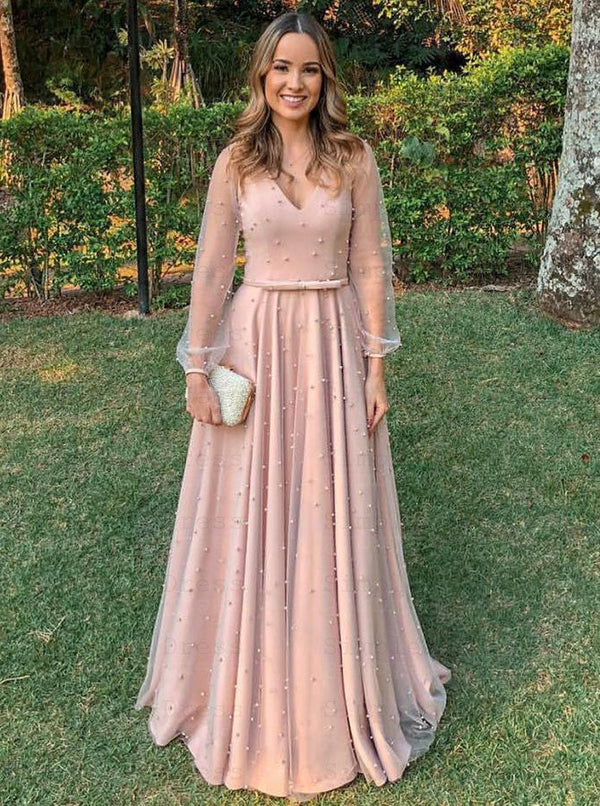 SSR0547,Cute Pink Long Prom Dresses Pearl Beaded Evening Party Gown
