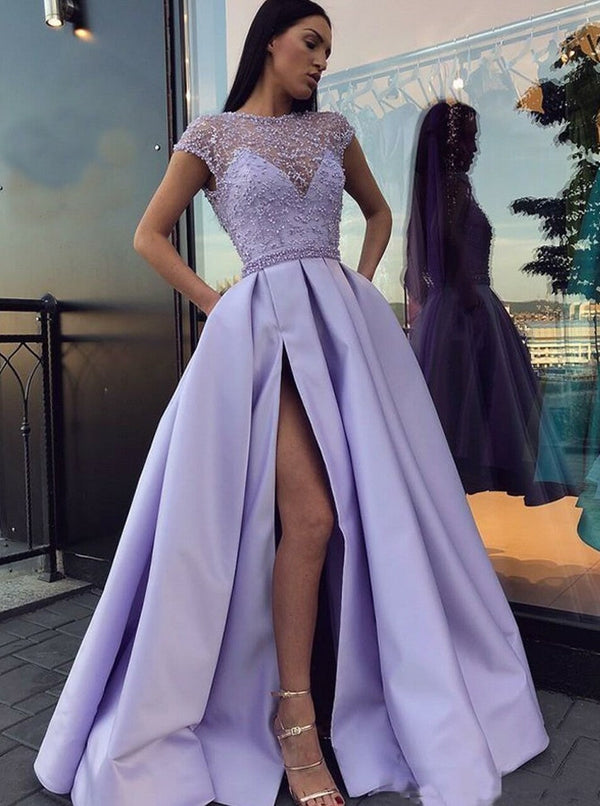 SSR0574,Purple beaded a-line prom dress satin long evening formal gown