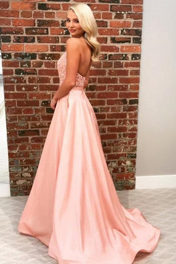 SSR0415,Charming A-Line Halter Backless Sweep Train Long Pink Prom Dress with Appliques