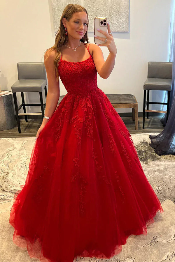 SSR1048,Red Spaghetti Straps Long Prom Dress with Appliques