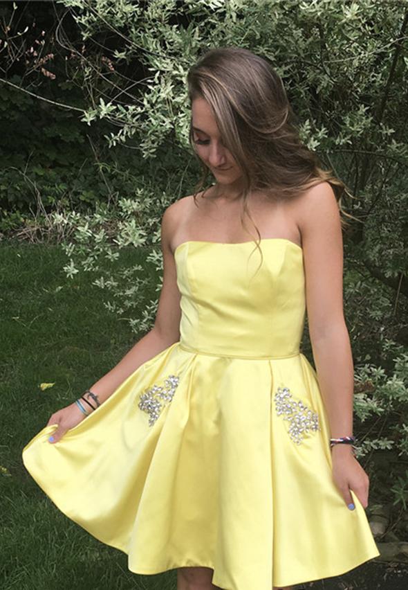 SSR1428,Strapless Pastel Yellow Beaded A-Line Homecoming Dresses
