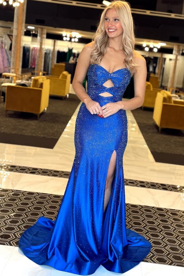 Royal Blue Bow Neckline Split Beaded Prom Dress ssr0511