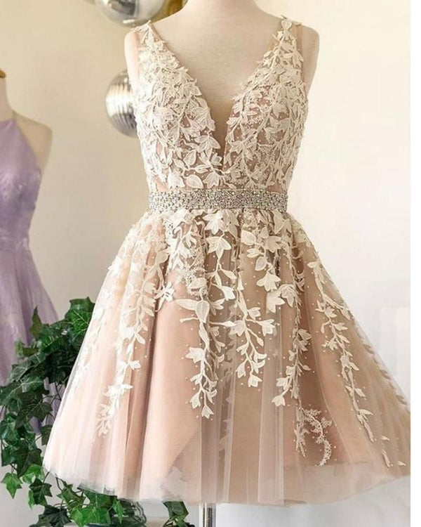 SSR0500,Champagne applique beaded homecoming dresses v-neck pearl beaded sleeveless prom dresses