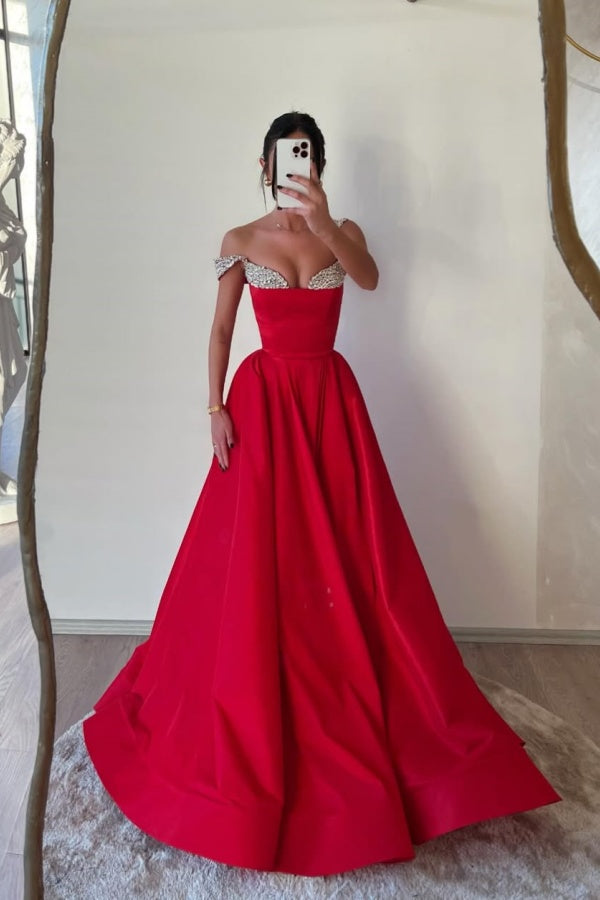 Red Formal A-Line Beaded Double Straps Prom Dress ssr0537