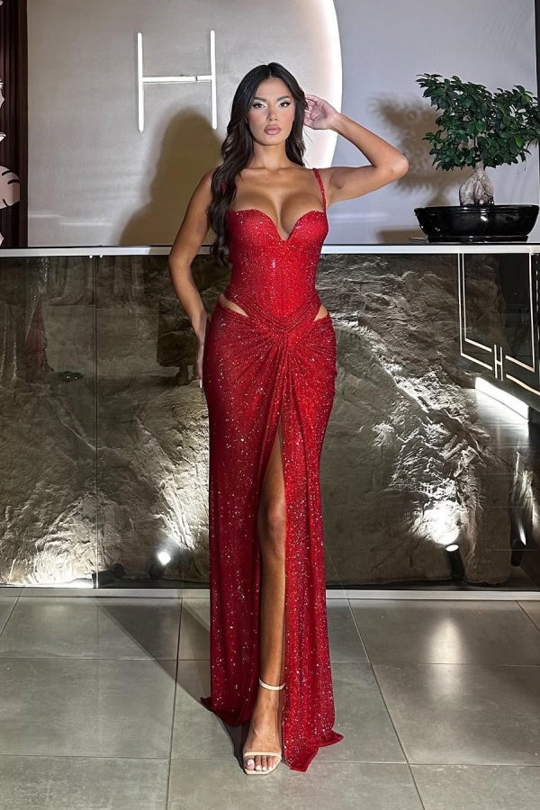 Red Gorgeous Split Sequins Spaghetti-Straps Prom Dress ssr0525