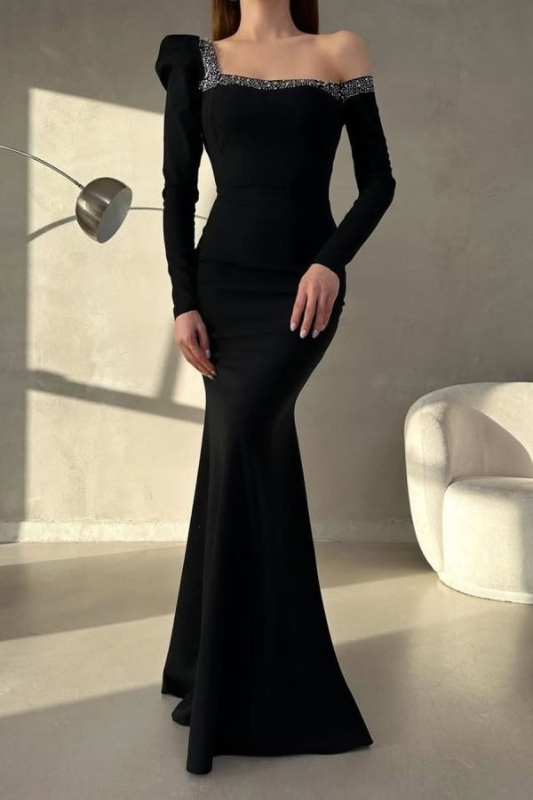 Black Slim Fit Mermaid One-Shoulder Long Sleeves Prom Dress ssr0307