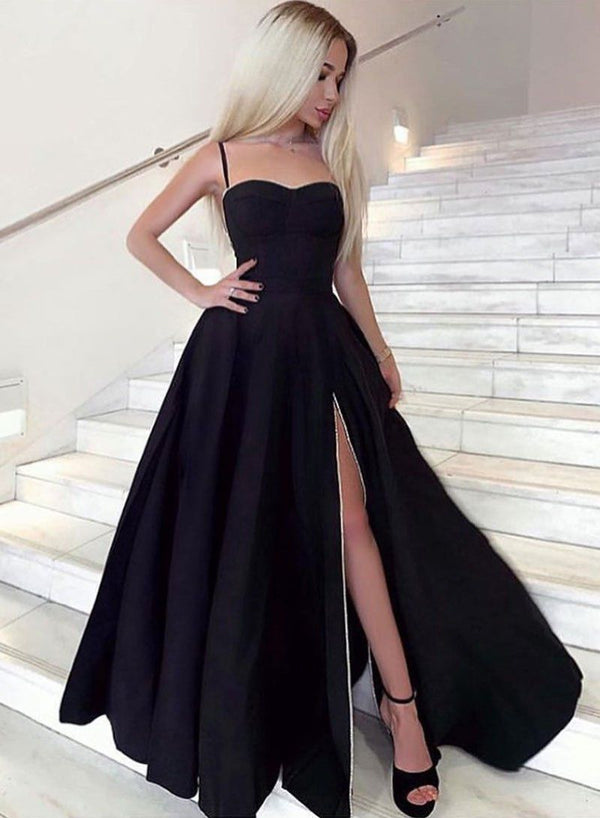SSR0438,Black Prom Dresses Spaghetti Straps Long Party Dress With Side Slit