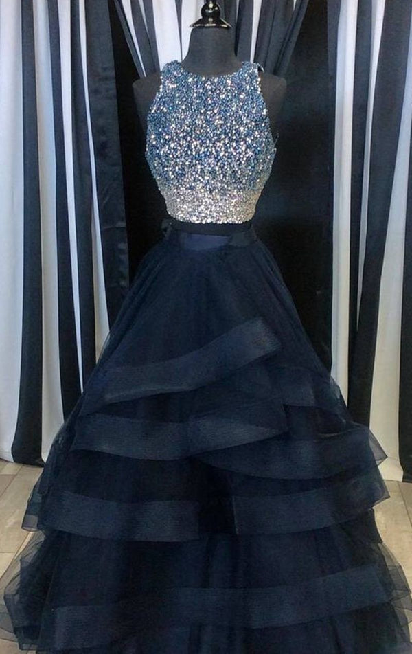 SSR0328,Navy Blue Prom Dresses Long Tulle Evening Dresses Layers Beaded Prom Dress