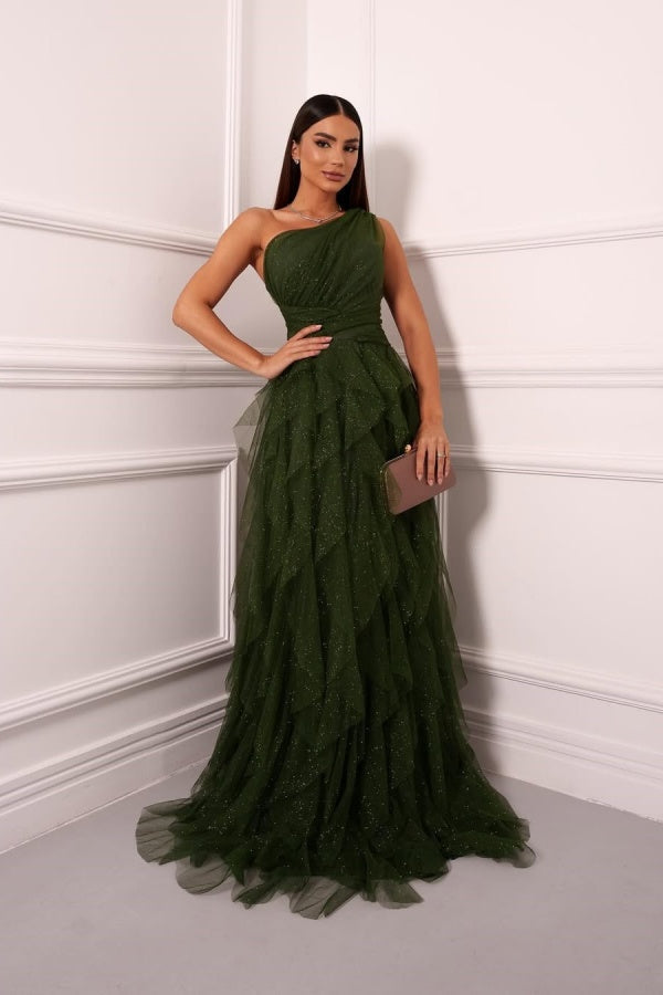 Green Tulle A-Line One-Shoulder Ripple Prom Dress ssr0560
