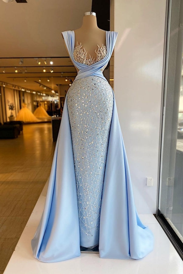 Lovely Luxurious Baby Blue Appliques Neckline Sequins Prom Dress With Long Skirt ssr0152
