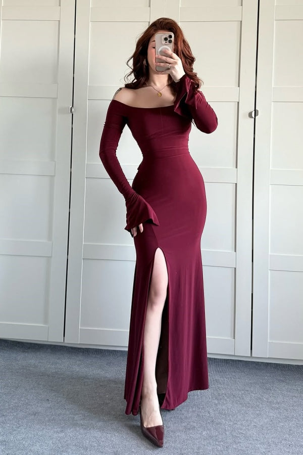 Burgundy Slim Fit Off-The-Shoulder Long Sleeves Prom Dress With Split ssr0490