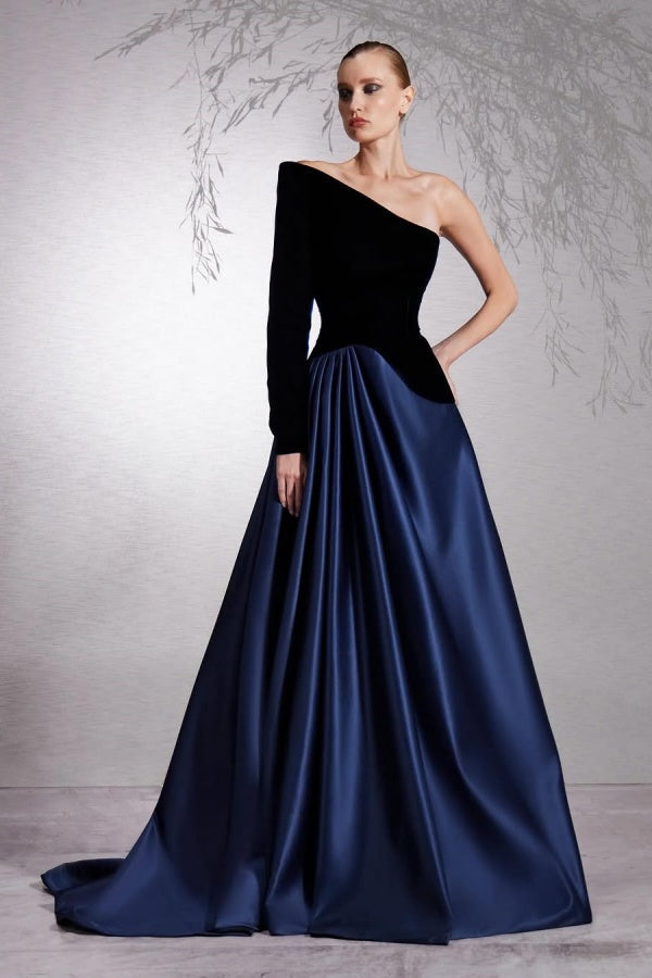 Black Dark Navy One Sleeve Strapless Prom Dress ssr0465