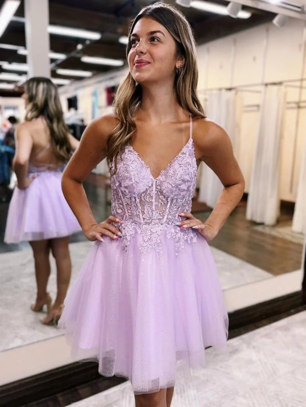 Lilac Spaghetti Straps V-Neck Homecoming Dress