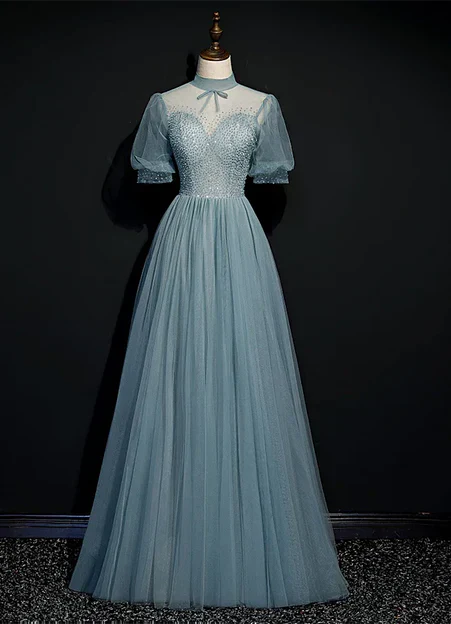 High Quality Beaded Short Sleeves Formal Dress Tulle A-line Party Dress Prom Dress Charming Evening Dress