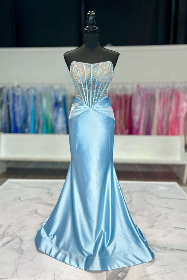 Beaded Corset light Blue Satin Mermaid Formal Dress