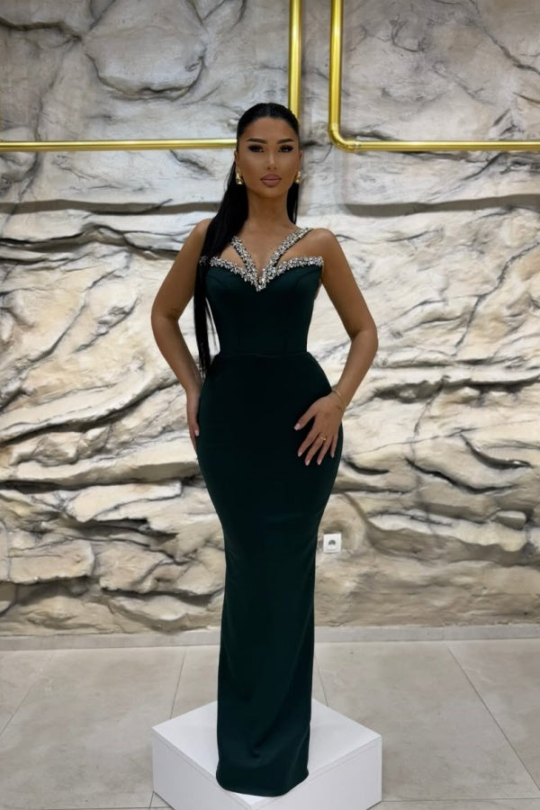 Dark Green Beaded Slim Fit Prom Dress ssr0551