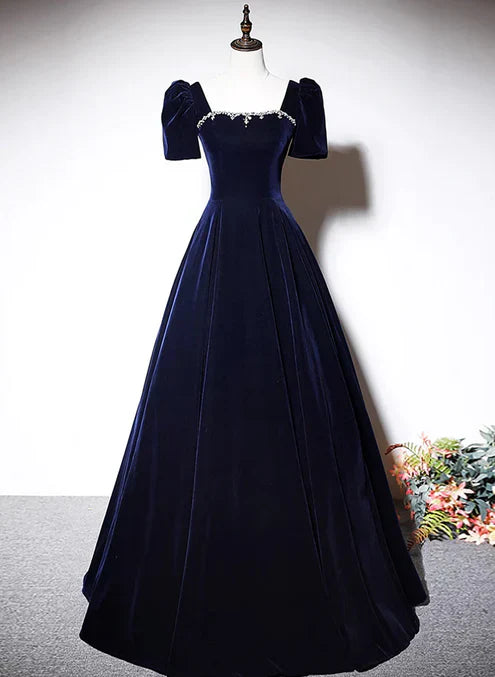 Navy Blue A-line Velvet Long Evening Dress Short Sleeves Beaded Prom Dress Formal Dress