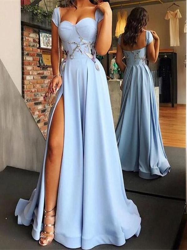 SSR0035,Cheap Blue Side Slit Long A Line Prom Dress with Cap Sleeves