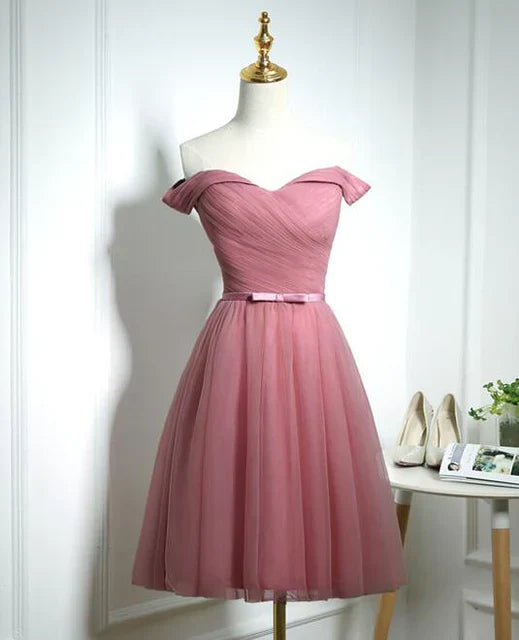 Lovely Pink Off Shoulder Knee Length Party Dress Prom Dress Homecoming Dress Bridesmaid Dress