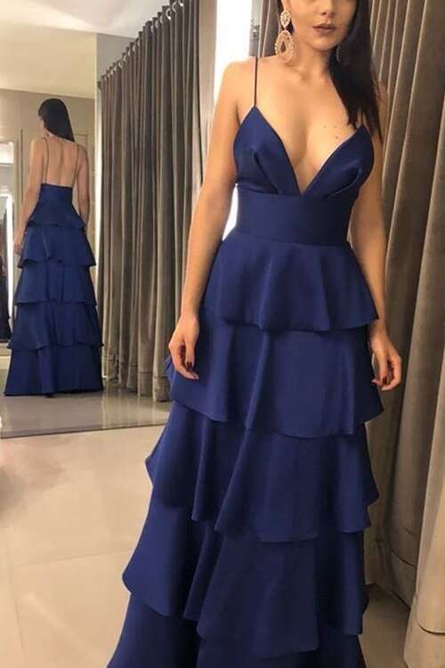 Straps V Neck Navy Blue Tiered Maxi Dress