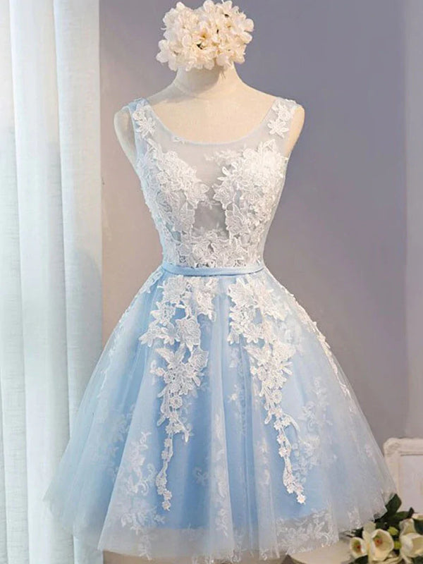 SSR1065,Cute baby blue lace tulle mini homecoming dress
