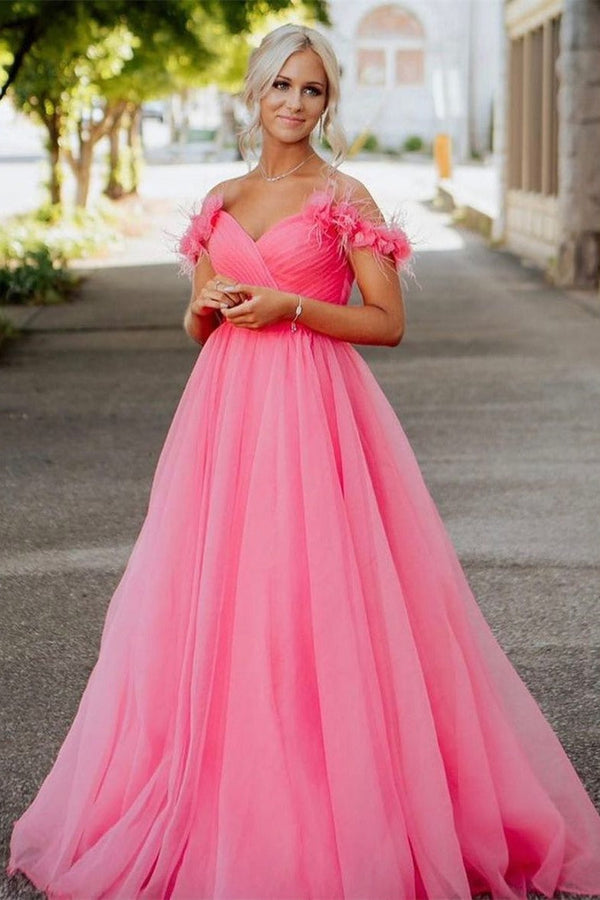 SSR0839,Pink evening dress off the shoulder prom dress 3D floral pleated prom dresses long formal gown