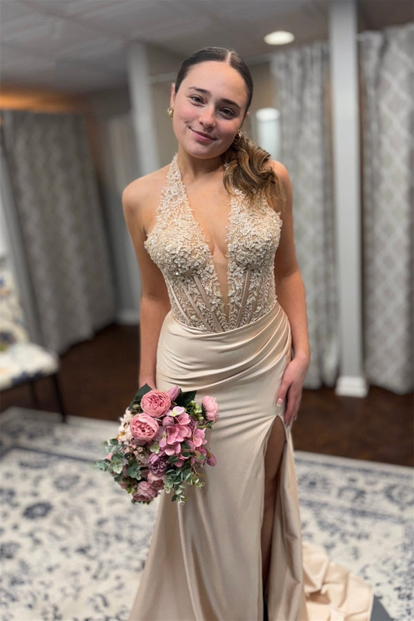 Champage Halter Applique Prom Dress with Slit