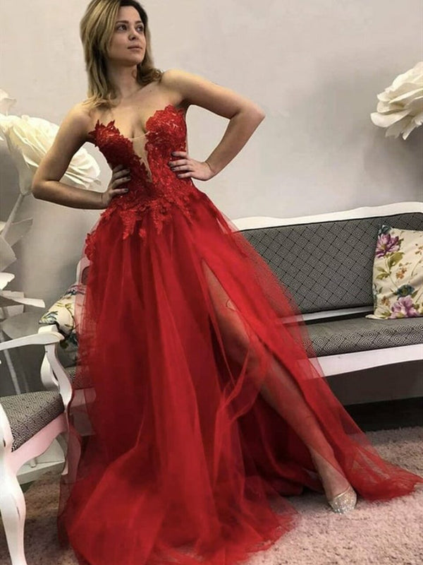 SSR0441,Red Lace Floral Long Prom Dress with Slit Red Lace Formal Dress Red Evening Dress