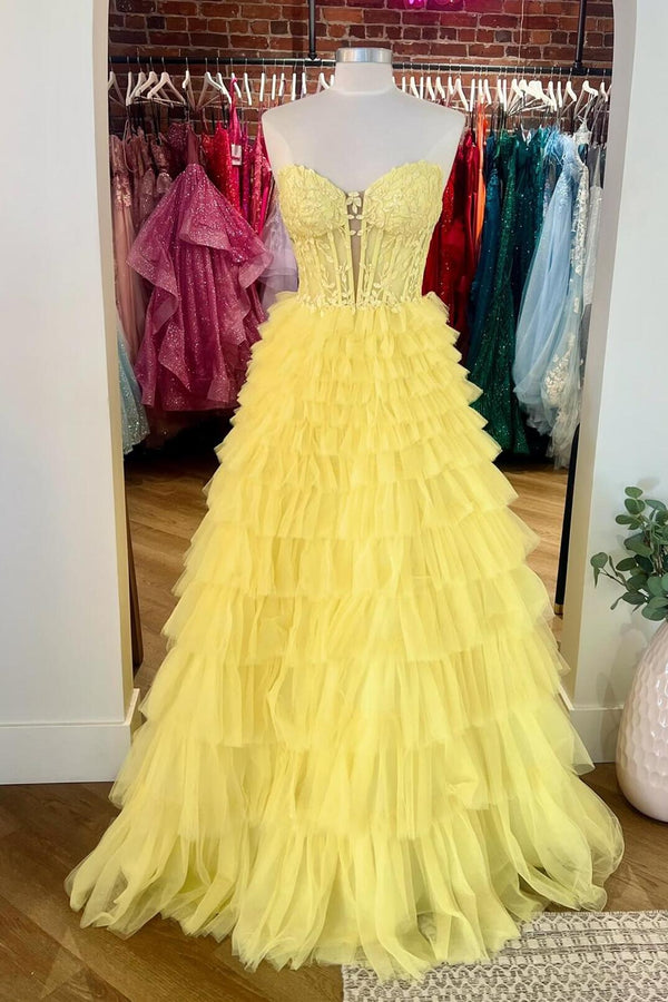 Sweetheart Yellow Lace and Tulle Tiered Formal Dress