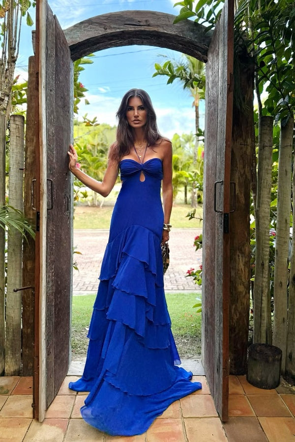 Royal Blue Sweetheart Halter Chiffon Ruffles Prom Dress ssr0682
