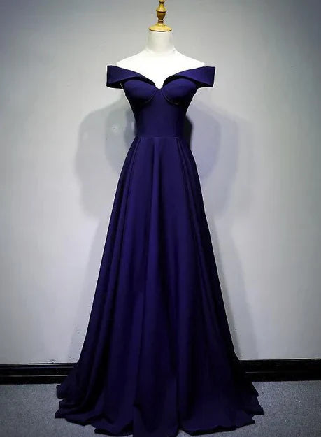 Beautiful Navy Blue A-line Spandex Long Prom Dress Off Shoulder Bridesmaid Dress Elegant Evening Dress