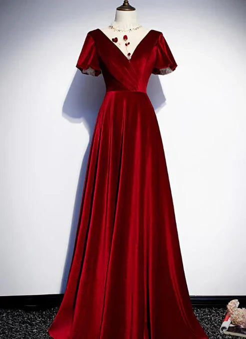 Burgundy Velvet Long Prom Dress Charming Formal Gown Elegant Evening Dress