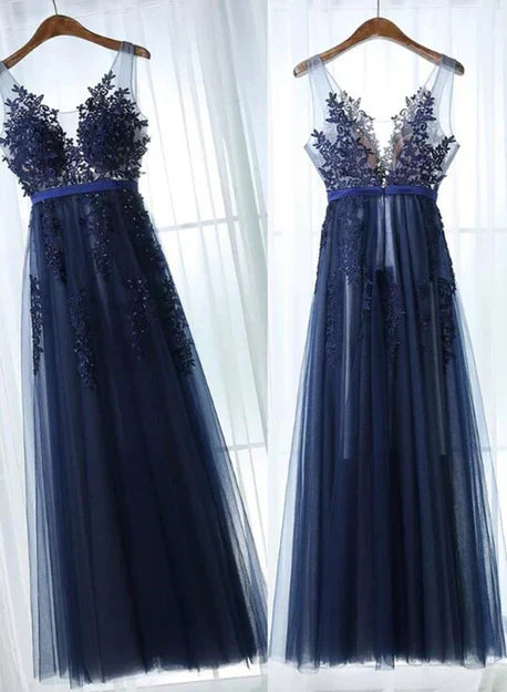 Charming Blue Lace Applique Prom Dress A-line Blue Bridesmaid Dress Sexy Evening Dress
