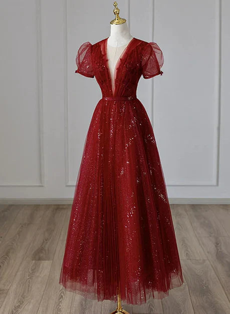 Wine Red Tulle Cap Sleeves Bridesmaid Dress Long Prom Dress Elegant Evening Dress