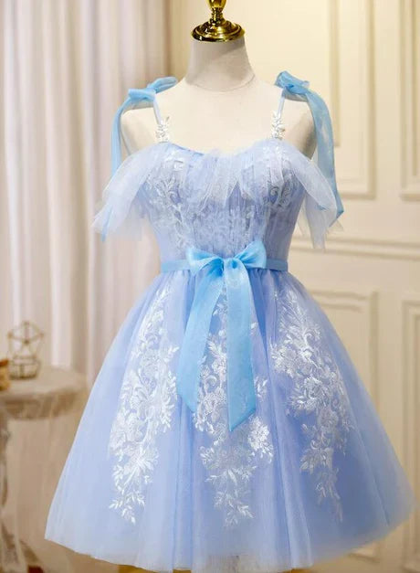 Light Blue Tulle with Lace Party Dress Homecoming Dresses Short Formal Dress With Bow(s)