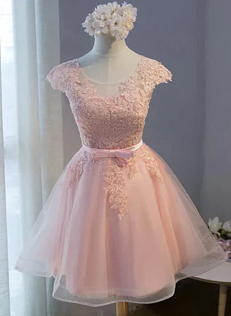 Pink Lovely Cap Sleeves Knee Length Formal Dress Tulle Prom Dress Homecoming Dress