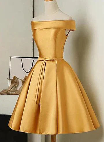 Cute Satin Knee Length Off Shoulder Homecoming Dress Prom Dress Elegant  Party Dress