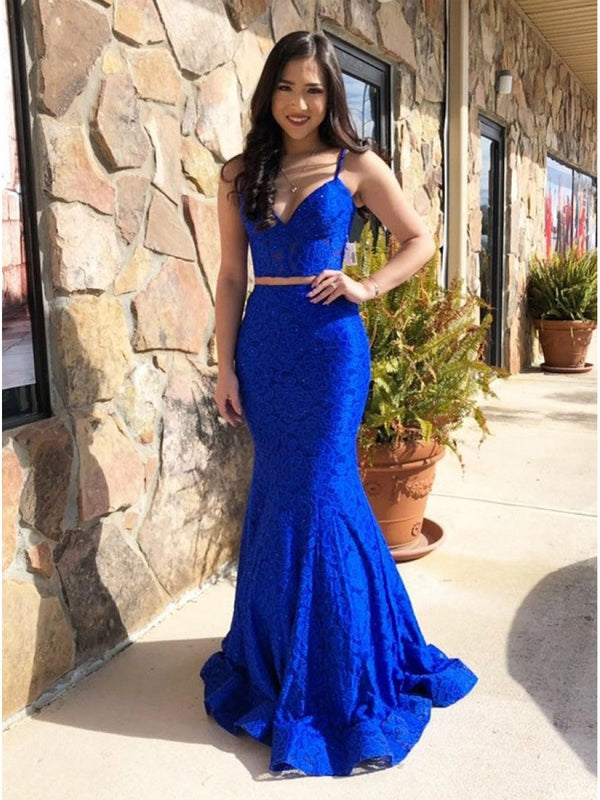 SSR0452,Two pieces lace prom dress mermaid spaghetti straps evening dresses