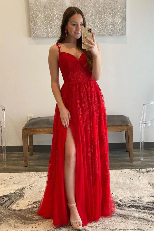 SSR0967,Elegant Red Appliqued Prom Dress with Sheer Lace Bodice