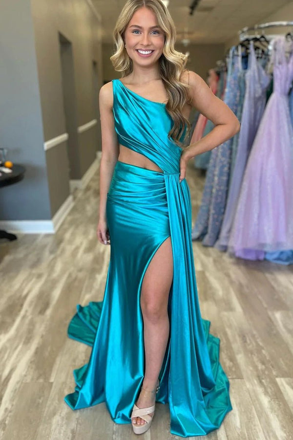 Shannon |?Charming Mermaid One Shoulder Satin Prom Dresses with Slit