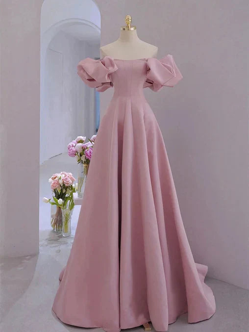 Pink Satin A-line Off Shoulder Party Dress Lace-up Floor Length Prom Dress Elegant Evening Dress