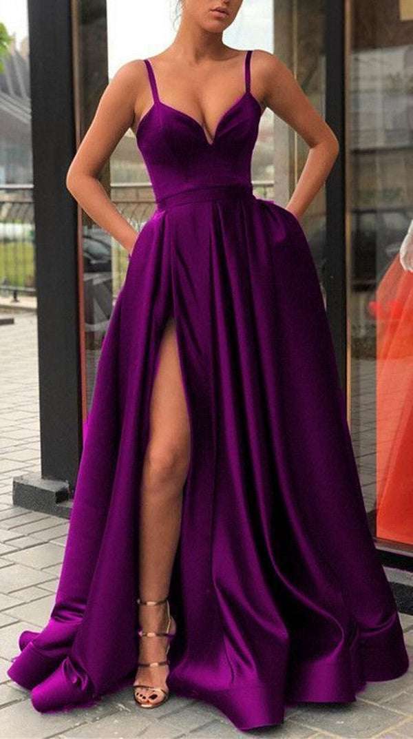 SSR0153, Discount Purple spaghetti straps V-neck long prom dress purple evening dress satin party dresses