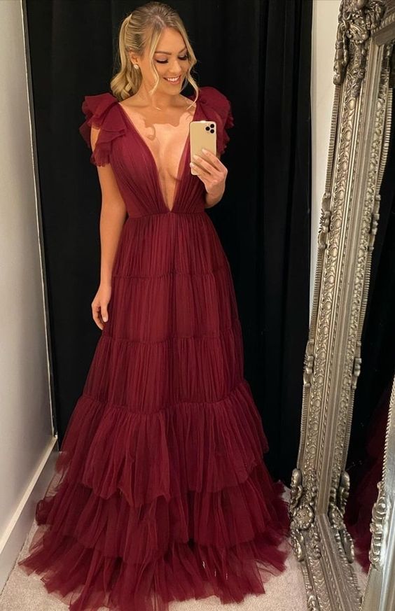 SSR1221,Vestido Burgundy Deep V-Neck Tulle A Line Prom Dresses