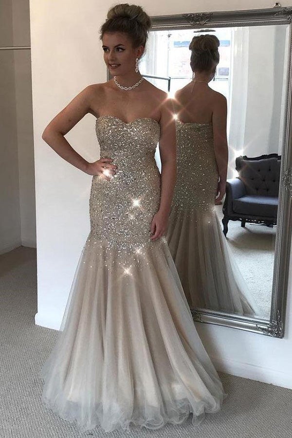 SSR0718,Light beaded sweetheart long prom dress tulle mermaid evening formal dresses