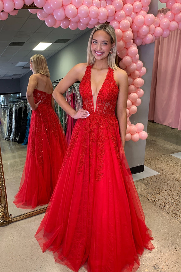 Red Plunging V-neck Beaded Lace Applique Long Dress