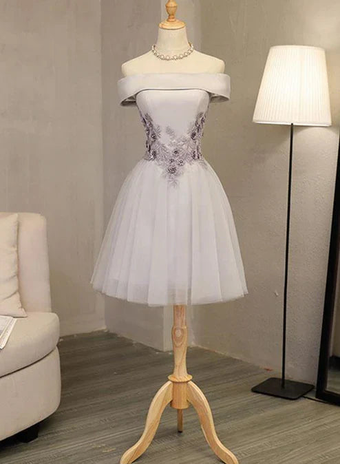 Lovely Light Grey Homecoming Dress Tulle Short Party Dress Off Shoulder Formal Dress Elegant